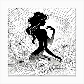 A Beauty Silhouette with Flowers - Line Drawing Canvas Print