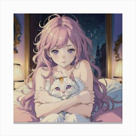 Sweet Dreams With A Cat: A Girl With Purple Eyes And Pink Curly Hair Snuggles A Cat Plushie On Her Bed Canvas Print