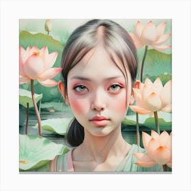 Asian Girl With Lotus 2 Canvas Print