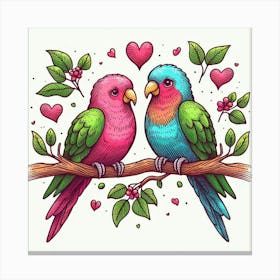 Line Art lovebirds parrots 3 Canvas Print