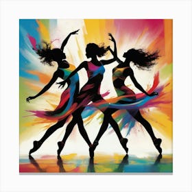 Dynamic silhouettes of dancers in motion against a colorful abstract background. The scene should convey energy, rhythm, and joy, with vibrant splashes of color highlighting the movement. 1 Canvas Print