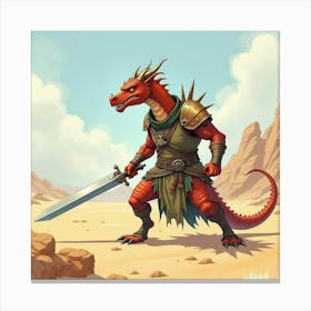 Dragon Slayer Wielding A Massive Sword In A Desert, Watercolor Scene 1 Canvas Print