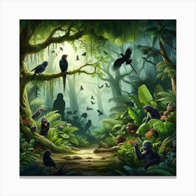Jungle Scene With Birds And Monkeys Canvas Print