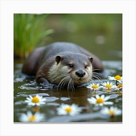 Otters Playing By River Daisies 1 Canvas Print