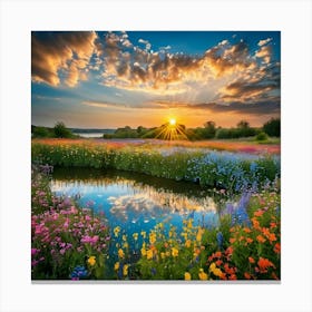 Sunrise over vast flower fields Canvas Print