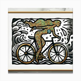 A Glittering Mermaid Riding A Polka Dotted Bicycle, Inspired By The Bold And Graphic Designs Of Keith Haring, With A Black And Gold Palette, Where The Mermaid Is In Focus And The Surrounding Sea And Sky Are Blurred Into Abstract Shapes Canvas Print