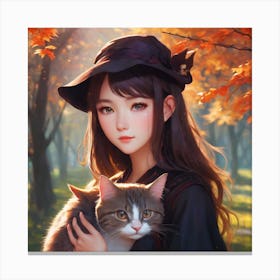 Anime Girl With Cat Canvas Print