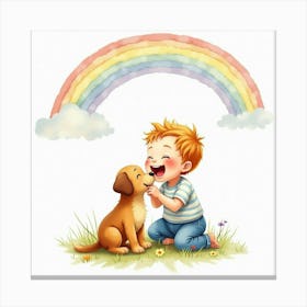 Watercolor Baby Laughing As A Puppy Licks Their Face Under A Rainbow Canvas Print