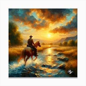 Cowboy Riding Across A Stream 5 Copy Canvas Print