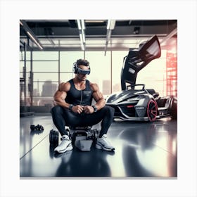 Alpha Male Model Working Out With Heavy Weight Machine, Wearing Futuristic Sonic Armor Exoskeletons And Vr Headset With Headphones Award Winning Photography With Sports Car Racing In Background Designed And C (1) Canvas Print
