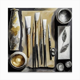 Firefly A Masculine Modern Italian Inspired Flatlay Of A Creative Workspace For Oil Painting, Stylis Canvas Print