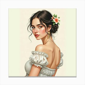 Spanish Woman With A Delicate Pose, Watercolor With Intricate Details 1 Canvas Print