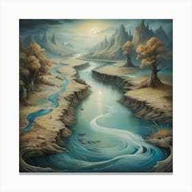 A surrealistic painting of a river, with dreamlike imagery and unexpected elements, inviting the viewer to explore their imagination. 1 Canvas Print