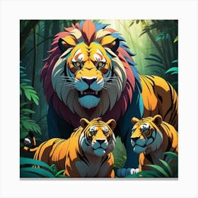 Illustration Of A Majestic Lion Fearsome Tiger And Robust Bear Standing Together In The Dense Jung 603007676 Canvas Print