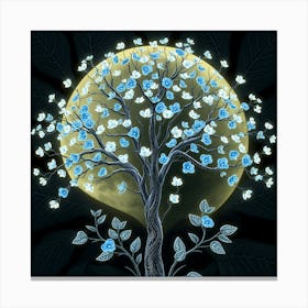 Moon Tree With Blue Flowers 2 Canvas Print