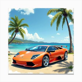 Lamborghini Murciélago In A Watercolor Vibrant Coastal Setting 1 Canvas Print