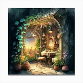 Quiet and attractive dining nook, overgrown flowers, high quality, detailed, highly 3D, elegant carved cart, 4 Canvas Print