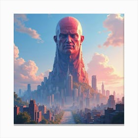 Titan Towering Over A Colorful Watercolor Cityscape 1 Canvas Print