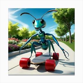 A Giant, Iridescent Blue And Green Ant, With Six Long, Muscular Legs On A Skateboard 1 Canvas Print