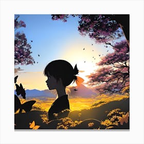 Silhouette Of A Girl With Butterflies 1 Canvas Print