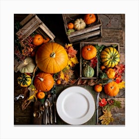 An Autumnal Photography Arrangement Depicting A Vibrant Orange Gourd Amidst A Thanksgiving Meal Sett (4) Canvas Print