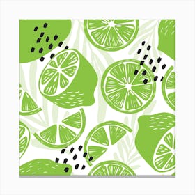 Lime Pattern On White With Floral Decoration Square Canvas Print