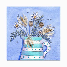 Stripey And Spotty Jug With Daisies And Barley Square Canvas Print