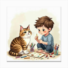 A Scottish Fold Cat And A Teenager Crafting With Supplies, Watercolor 1 Canvas Print