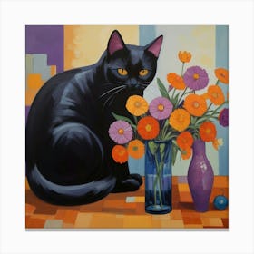 Black Cat With Flowers 5 Canvas Print