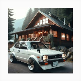 A 1981 White Toyota Corolla Gli Twin Cam With Full Body Kit In Front Of A Cabin House 5 Canvas Print