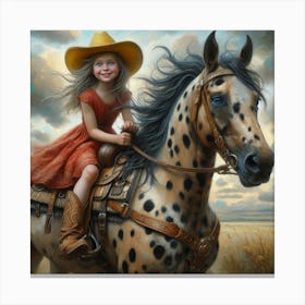 Little Cowgirl On Horseback 3 Canvas Print