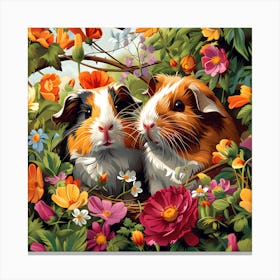 Guinea Pigs Among Garden Blooms Canvas Print