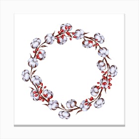Wreath with Cotton Flowers and Red Berries Canvas Print