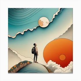 Man Looking At The Sun, looking up at moon Canvas Print