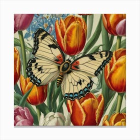 Butterfly And Tulips Canvas Print