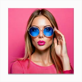 Firefly Blue Eyes, Fashion, Pink Glasses, Pink Lips, Pink Background, Glass Lens, Stylish, Vibrant, (9) Canvas Print