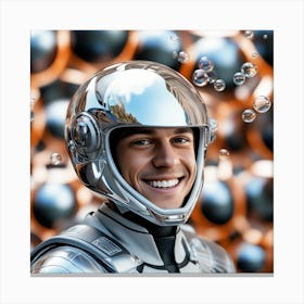 3d Dslr Photography, Model Shot, Man From The Future Smiling Chasing Bubbles Wearing Futuristic Suit Designed By Apple, Digital Helmet, Sport S Car In Background, Beautiful Detailed Eyes, Professional Award W (1) Canvas Print