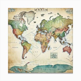 Detailed World Map Watercolor Style Continents And Oceans Outlined With Precision Geographic Land 2 1 Canvas Print