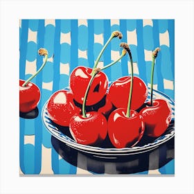 Cherries Pop Art Blue Checkerboard 3 Canvas Print