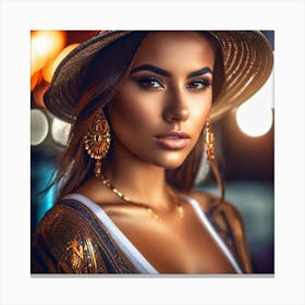 Beautiful Woman In A Hat 3 Canvas Print