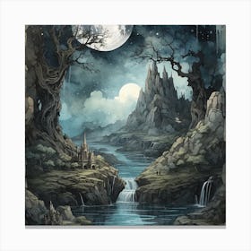 Moonlight Over A Waterfall Canvas Print