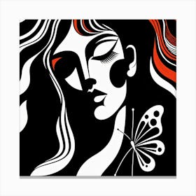 Bold and Strong Female Portrait with Butterfly in Black and Red Canvas Print