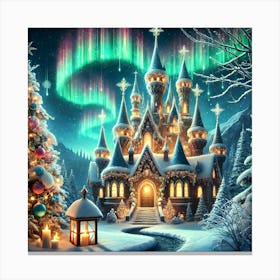 Magical Christmas Castle with Northern Lights Digital Artwork Canvas Print