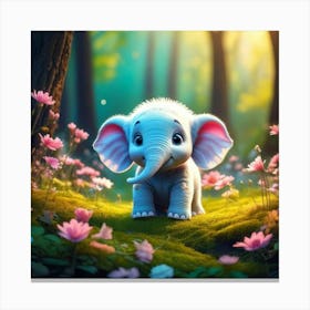 Firefly 3d, Animated, Cute, Little, Round, Turquoise, Elephant, Baby, Forest, Pink Flowers, Whimsica (3) 1 Canvas Print