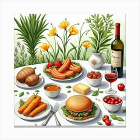 English Garden Party With Romanian Culinary Specialties, Painted In Watercolor 1 Canvas Print