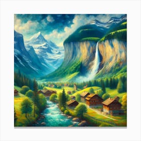 Swiss Alps At Sunrise With Pristine Lake And Green Valley Painting Art Canvas Print