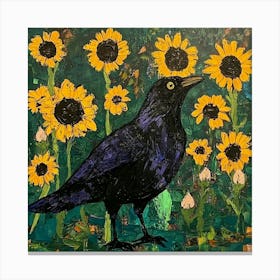 Crow In Sunflowers Art Canvas Print