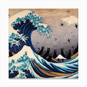 Great Wave Off Kanagawa Bathroom Cat Art Canvas Print