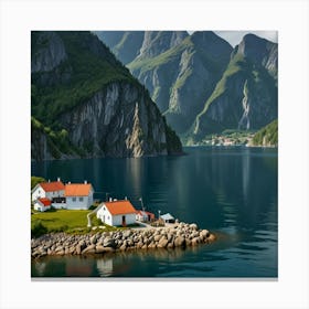 A Serene Fjord With Steep Cliffs, Calm Blue Water, And A Small Fishing Village On The Shore Canvas Print