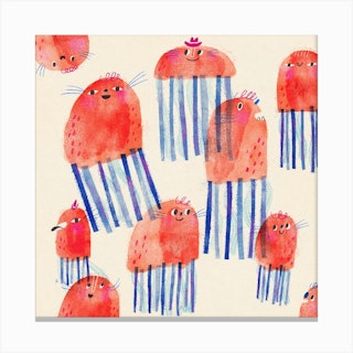 Collection Of Happy Jellyfish Square Canvas Print